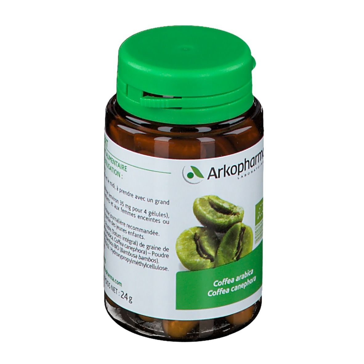 Bruine capsules in een bruine fles met groene dop. Etiket met "ArkoPharma" en "Coffea arabica". Bio-label.