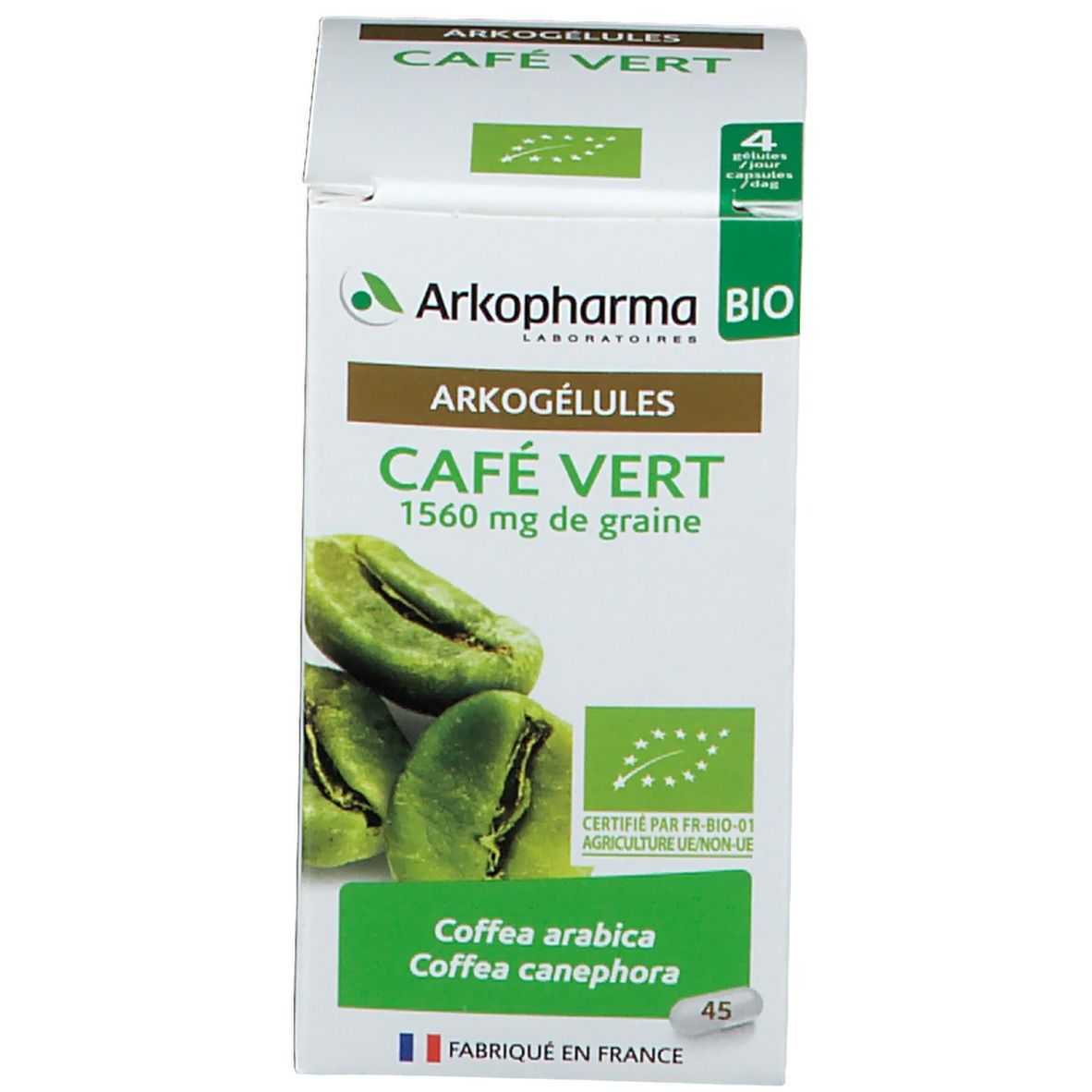 Doos met capsules. Op de doos staat "ARKOGÉLULES® CAFÉ VERT". Bio-label en 45 capsules.