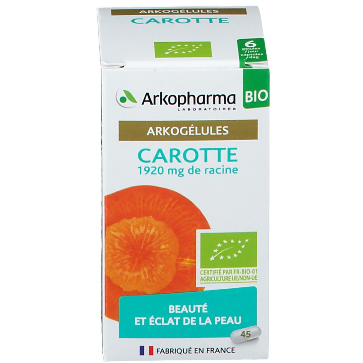 Boîte de gélules Arkopharma Carotte. Inscription: Arkogélules, 45 gélules. Certification Bio.