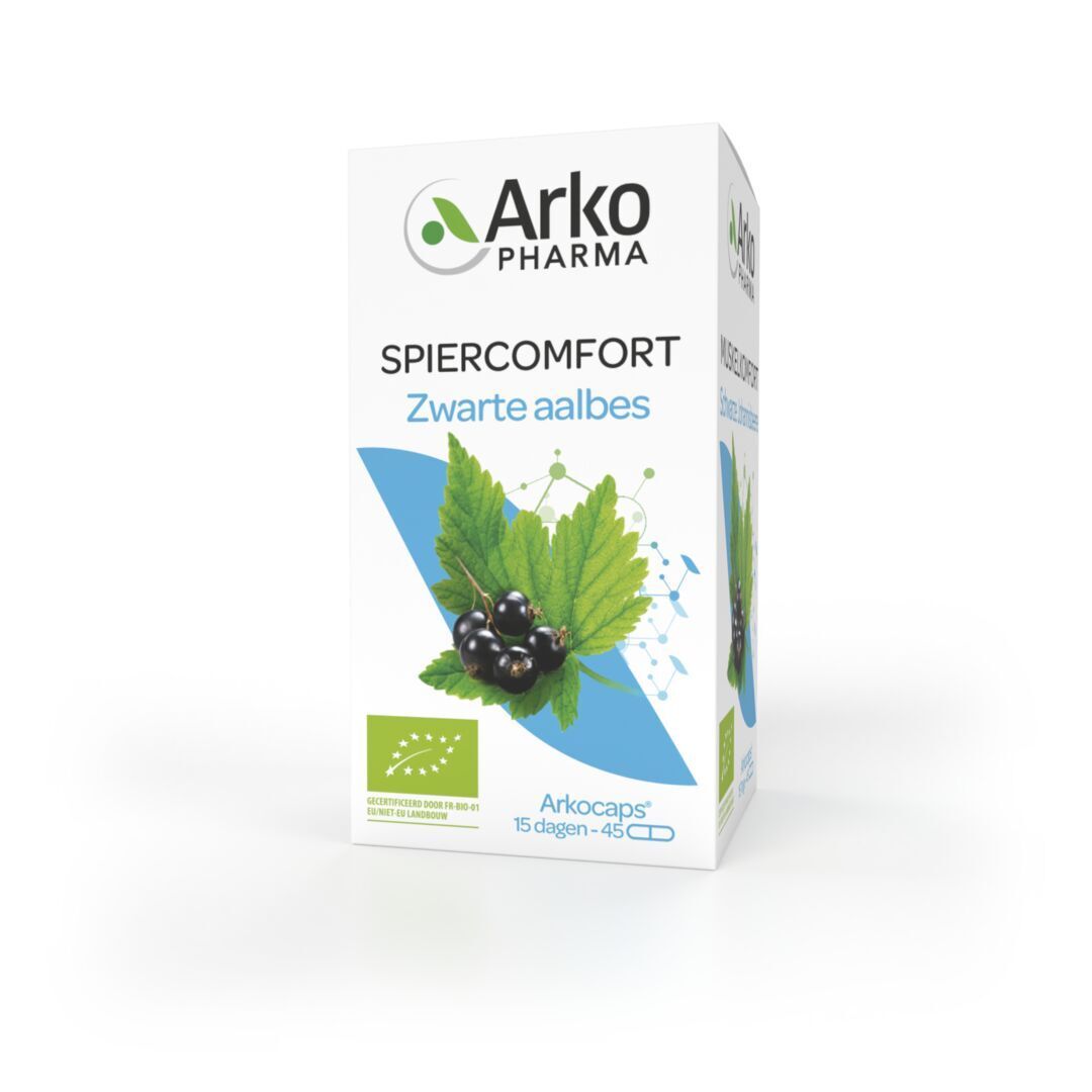 Verpakking. Arkopharma, Spiercomfort, Zwarte bes. Illustratie van zwarte bes.