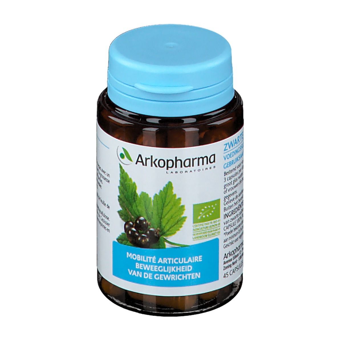 Flacon en verre brun avec bouchon bleu. Étiquette avec informations produit et logo Arkopharma. Cassis représenté.