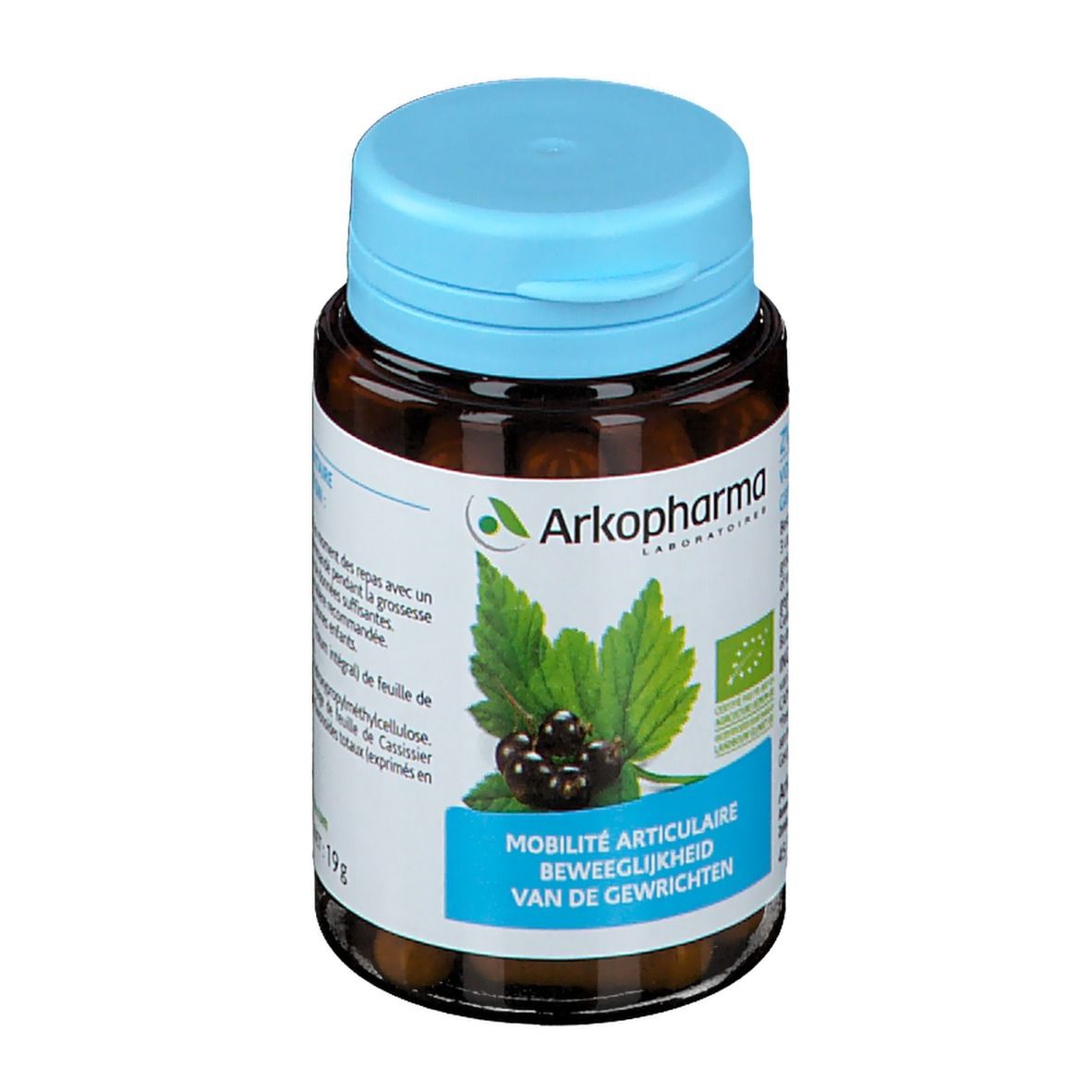 Flacon en verre brun avec bouchon bleu. Étiquette avec informations produit et logo Arkopharma. Cassis représenté.