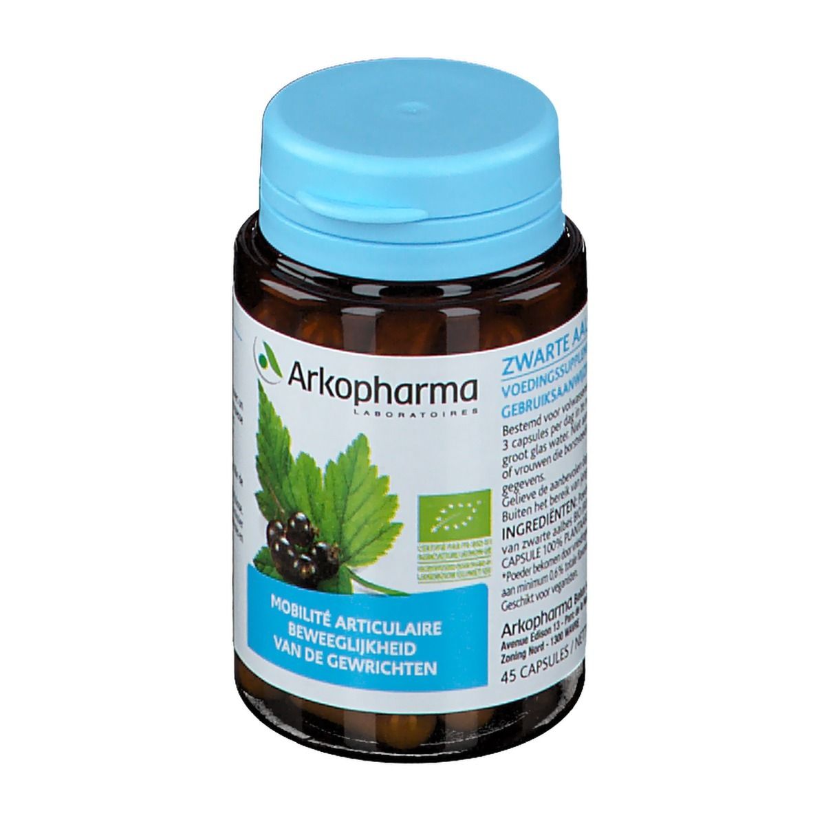 Flacon en verre brun avec bouchon bleu. Étiquette avec informations produit et logo Arkopharma. Cassis représenté.