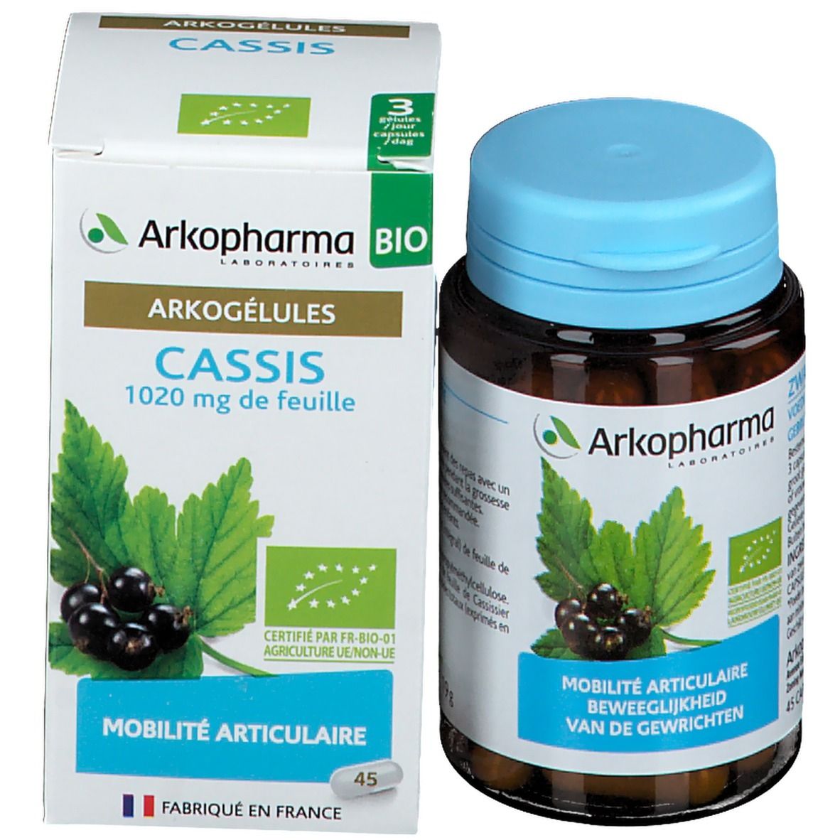 Boîte et flacon. Boîte: Arkopharma, Cassis, 45 gélules. Flacon: Arkopharma, Cassis, 45 gélules.