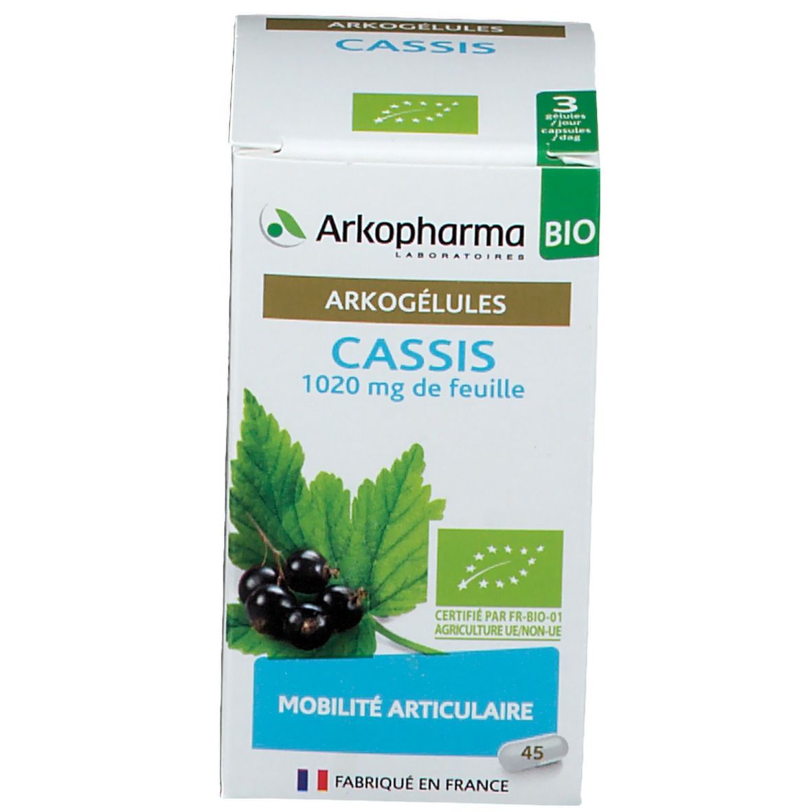 Boîte. Arkopharma, Cassis, 45 gélules. Certification bio. Illustration de cassis.