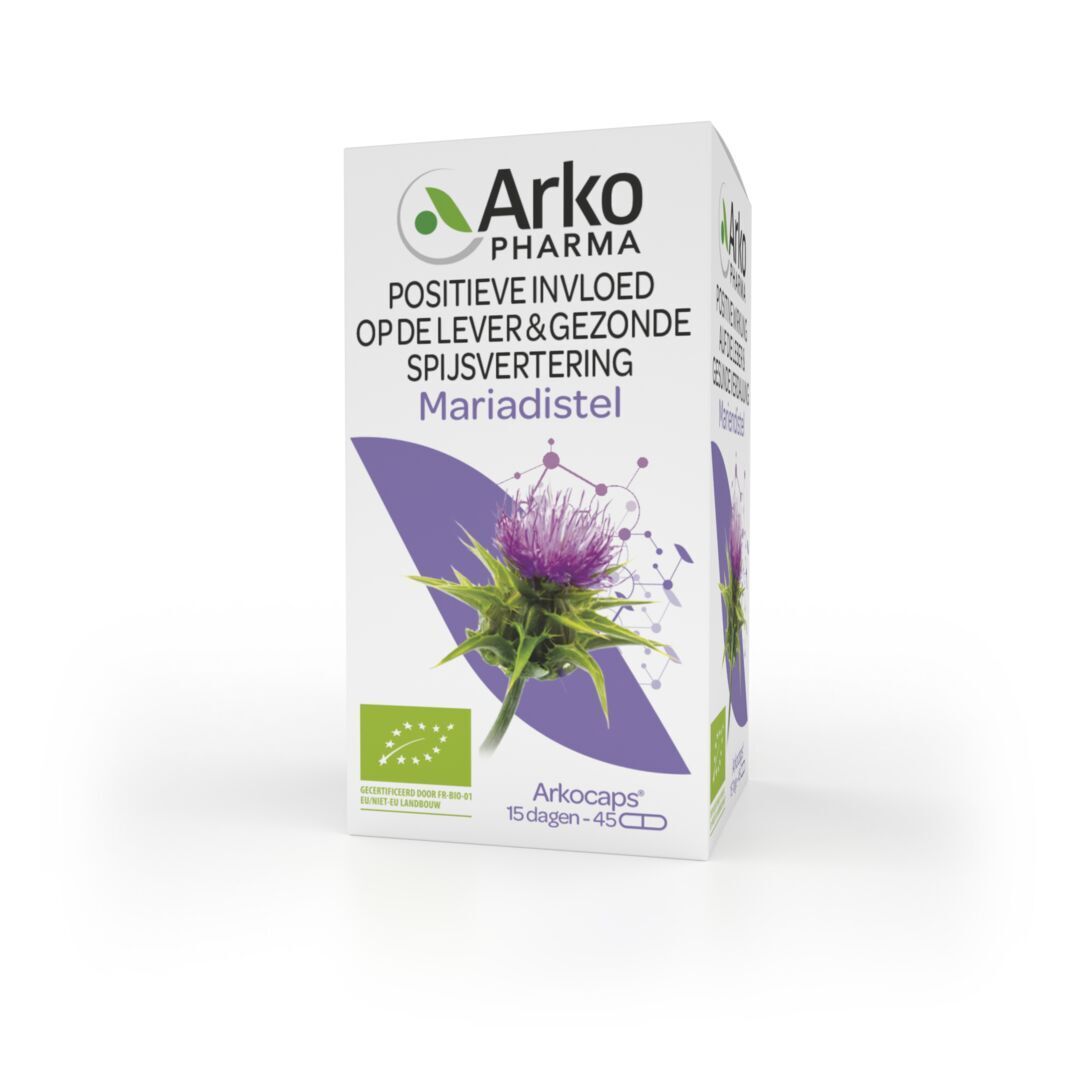 Verpakking met logo, mariadistel illustratie en tekst. 45 capsules. Certificering.