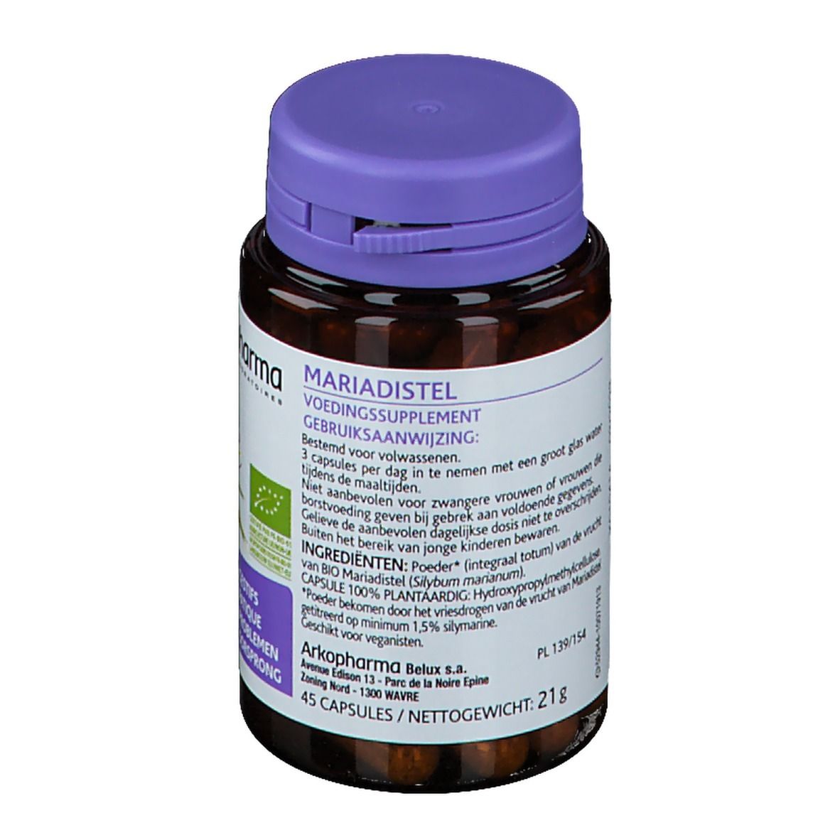 Bruine fles met paarse dop. Etiket met productinformatie en mariadistel illustratie. Bio-certificering.
