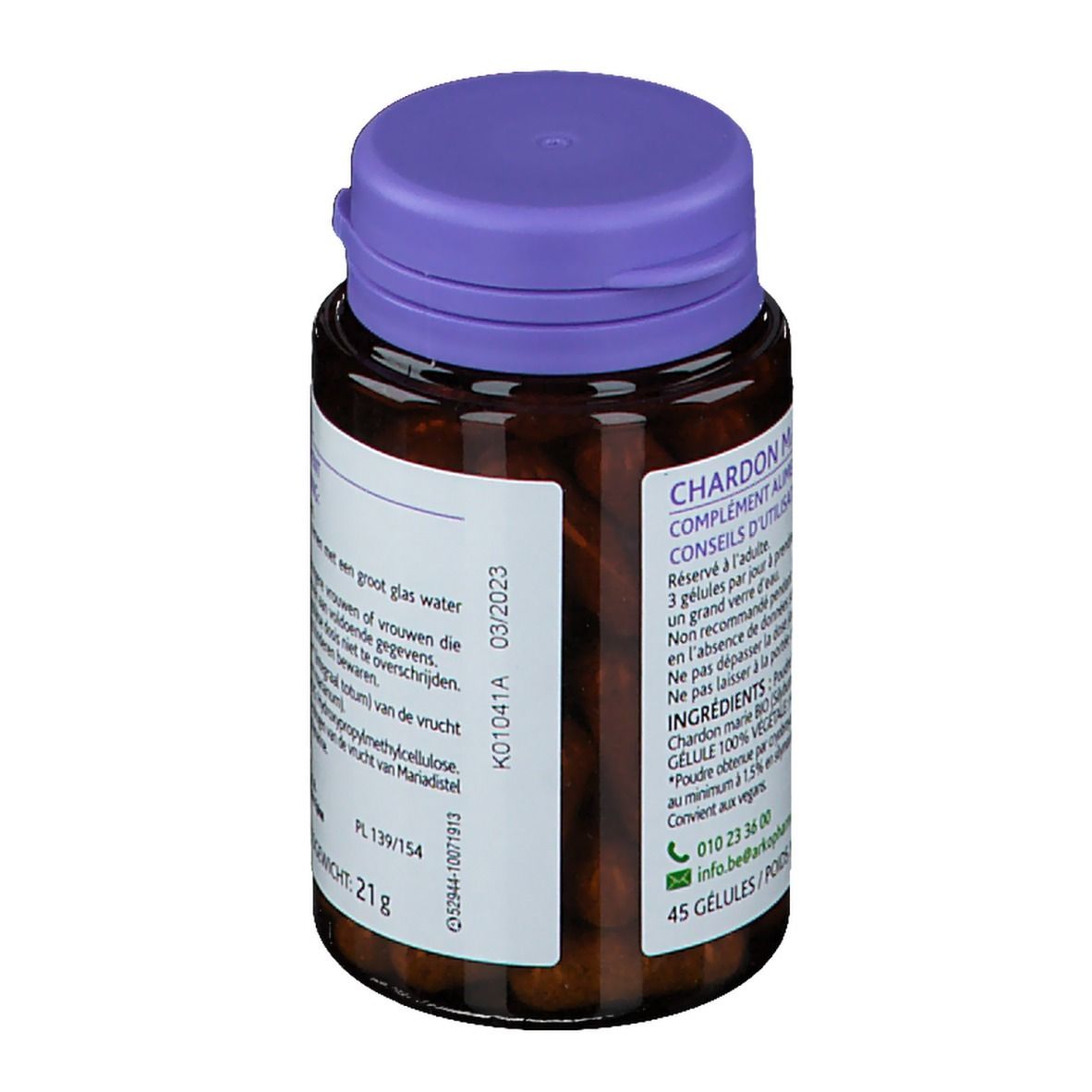 Bruine fles met paarse dop. Etiket met productinformatie. Vervaldatum 03/2023. 45 capsules.