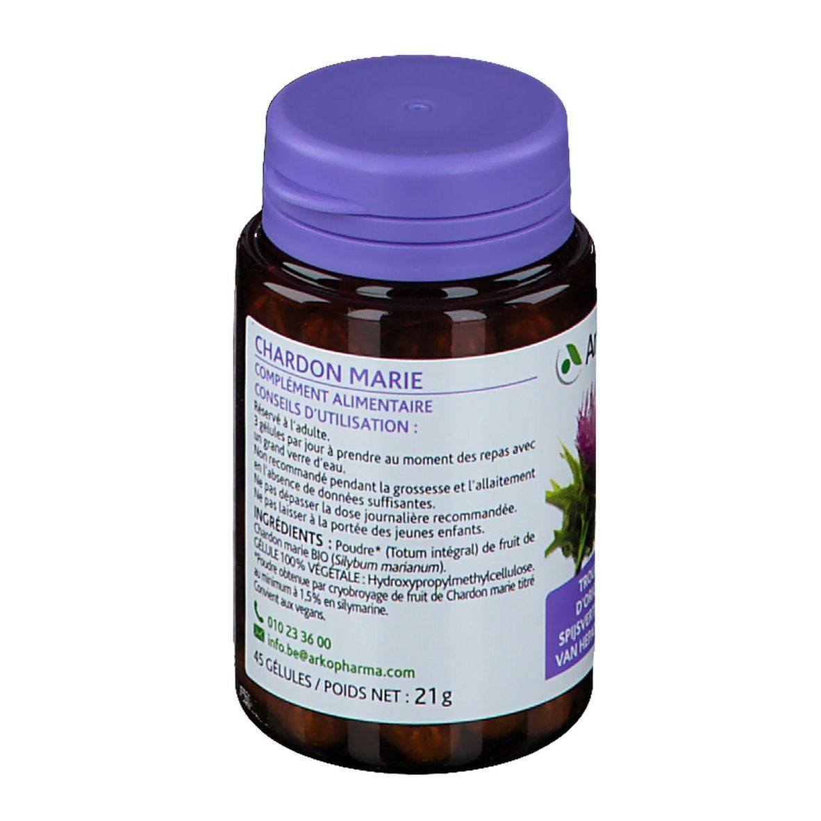 Bruine fles met paarse dop. Etiket met productinformatie. 45 capsules, 21g. Mariadistel voedingssupplement.