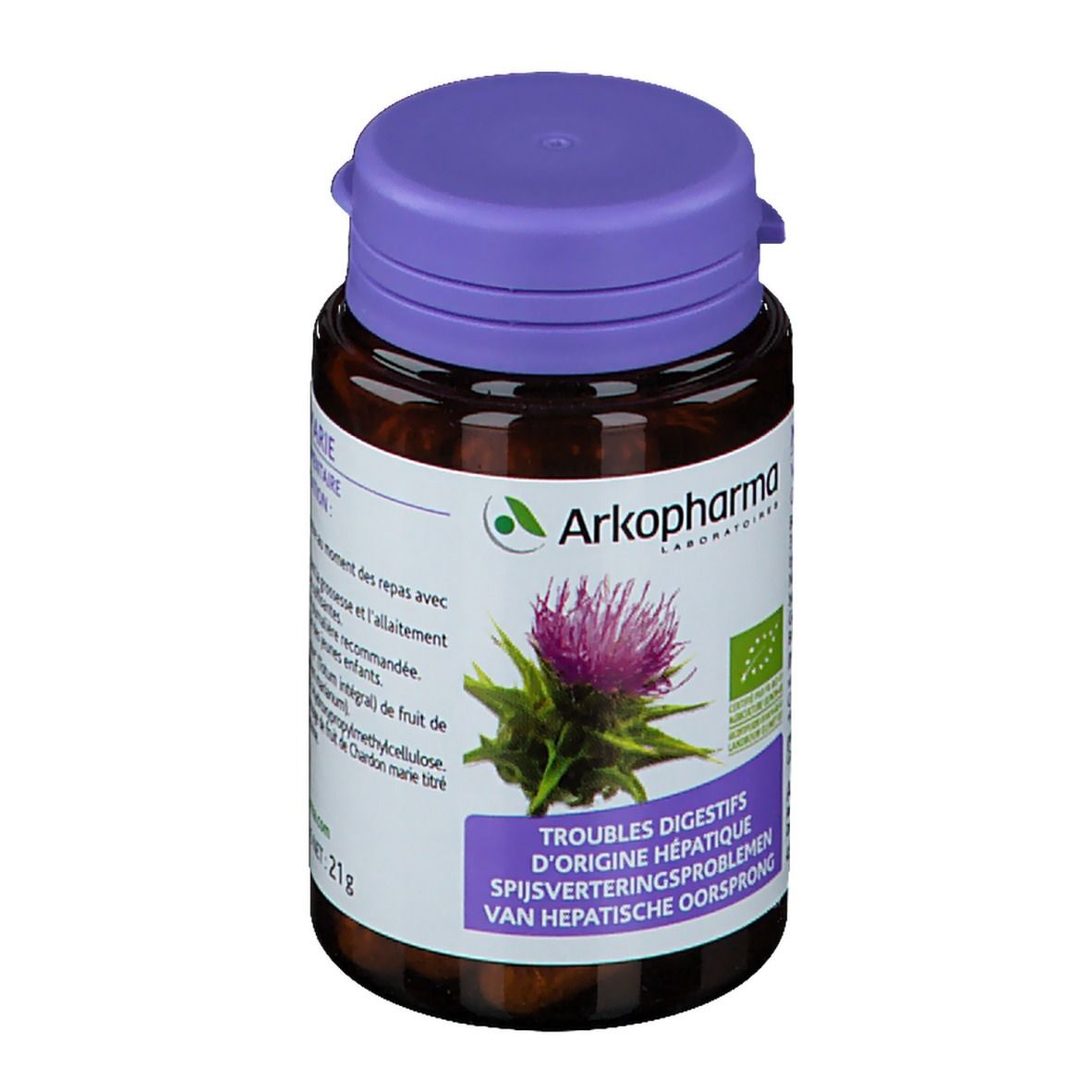 Bruine fles met paarse dop. Etiket met logo, mariadistel illustratie en tekst. 45 capsules.