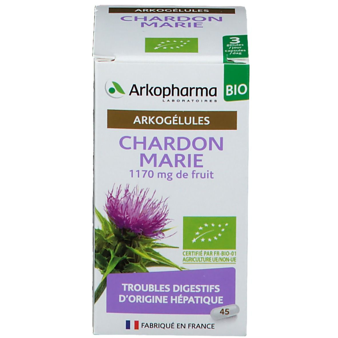 Verpakking met logo, mariadistel illustratie en tekst. 45 capsules. Certificering.
