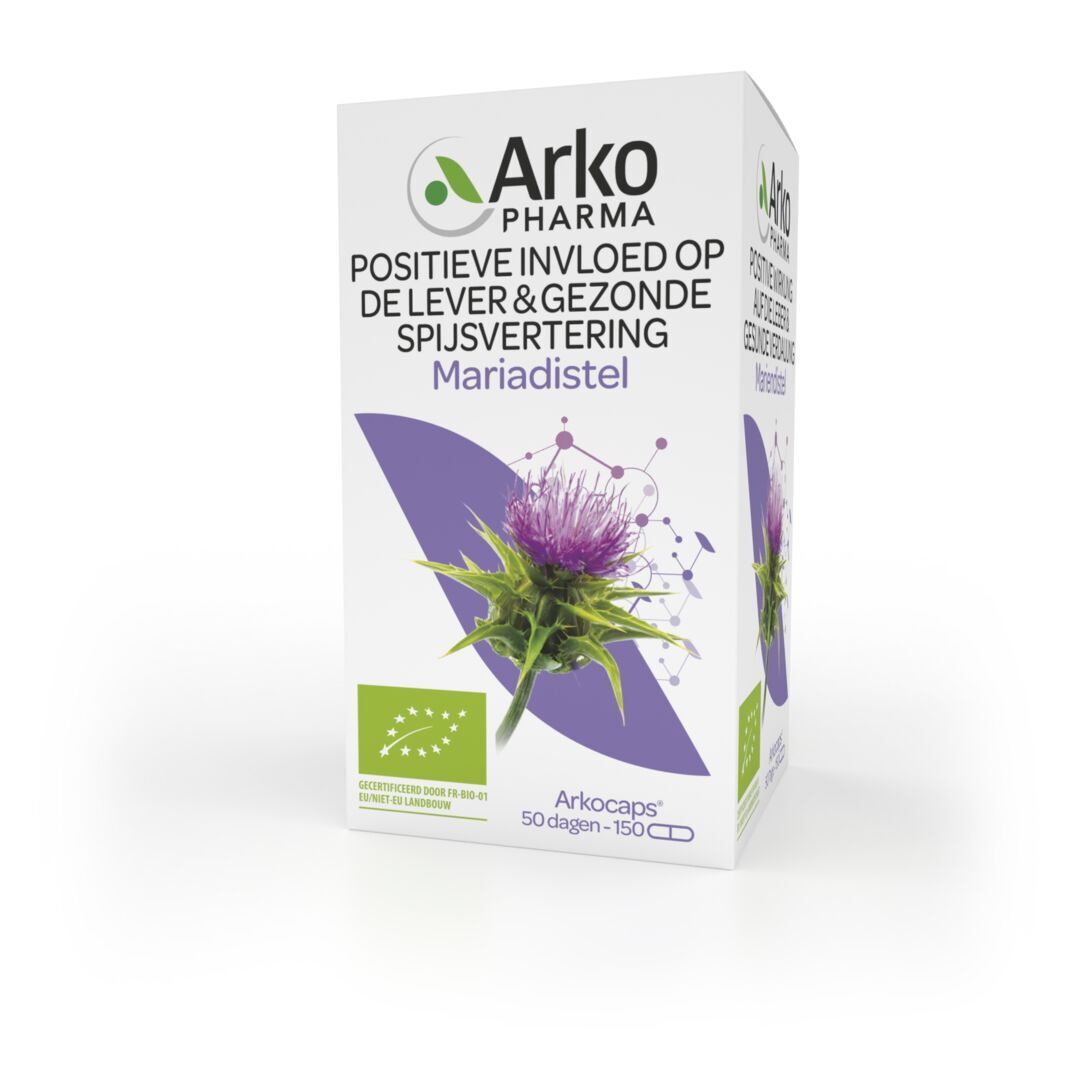Verpakking met logo, productnaam en mariadistel-illustratie. Bio-certificering.