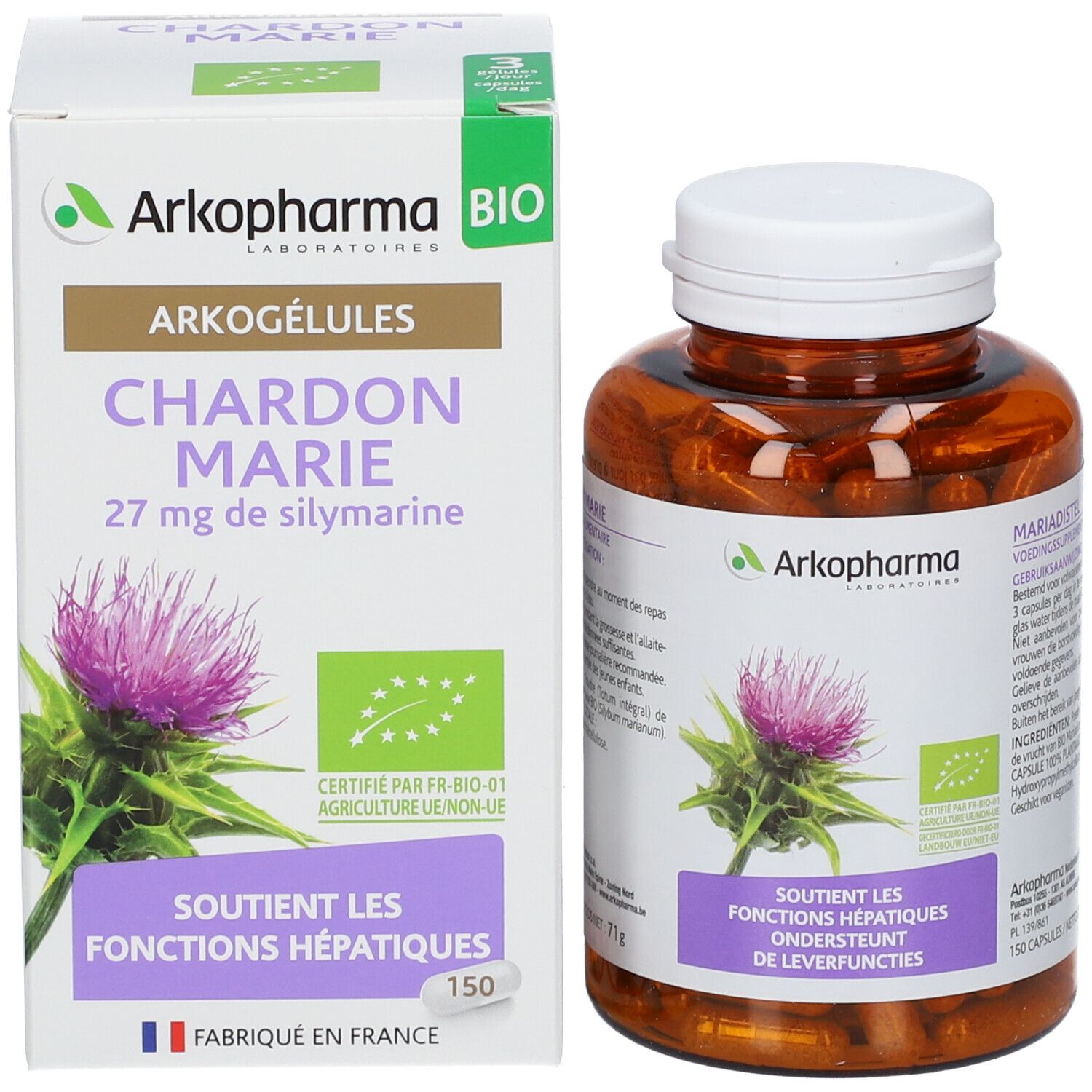 Emballage et flacon de gélules. Emballage avec logo, nom du produit et illustration de chardon-Marie. Certification bio.