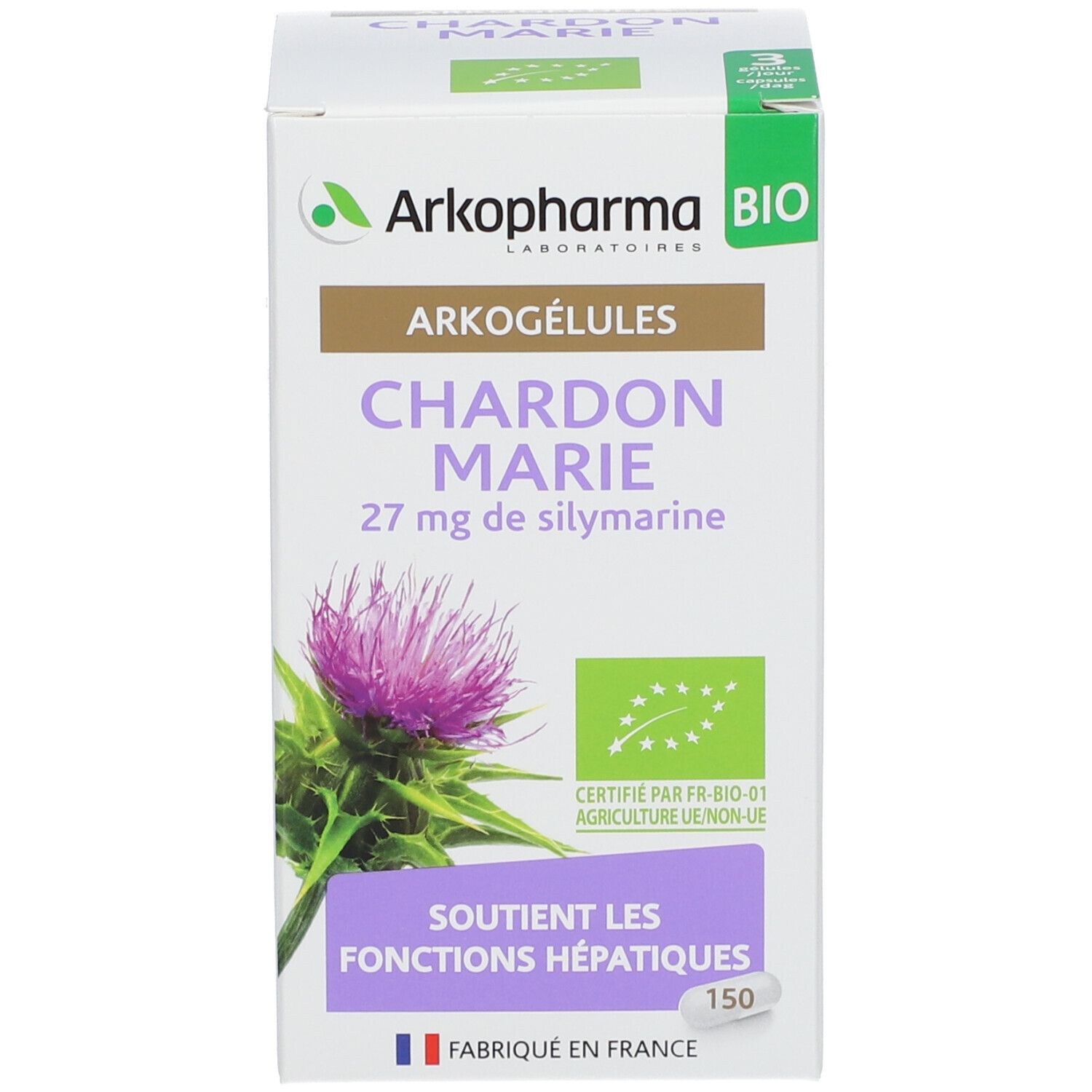 Emballage avec logo, nom du produit et illustration de chardon-Marie. Certification bio. Fabriqué en France.