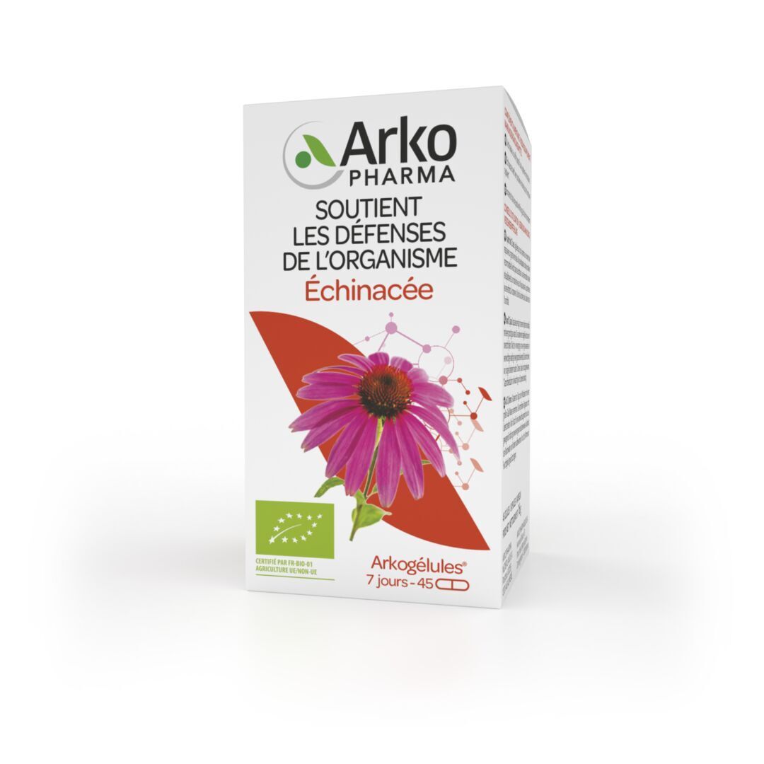 Boîte blanche avec logo Arkopharma, fleur d'échinacée et texte. 45 gélules.