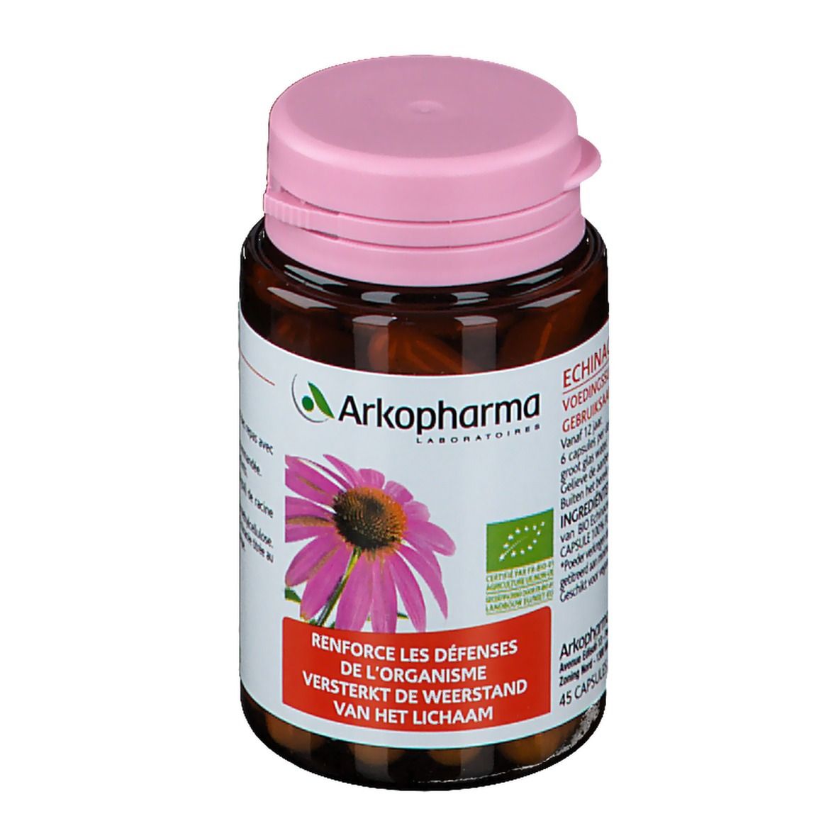 Flacon brun avec bouchon rose. Étiquette avec logo Arkopharma, fleur d'échinacée et texte. 45 gélules.