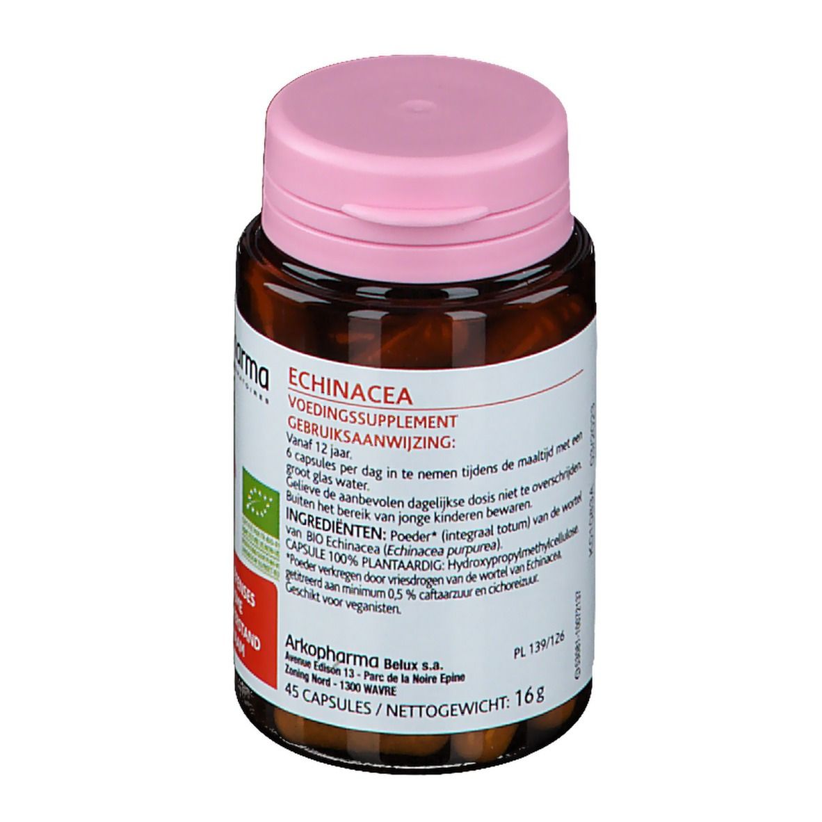 Flacon brun avec bouchon rose. Étiquette avec logo Arkopharma, fleur d'échinacée et texte. 45 gélules.