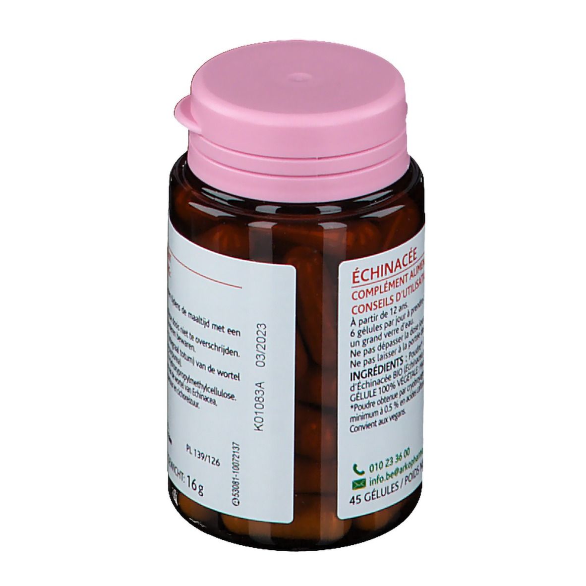 Flacon brun avec bouchon rose. Étiquette avec logo Arkopharma, fleur d'échinacée et texte. 45 gélules.