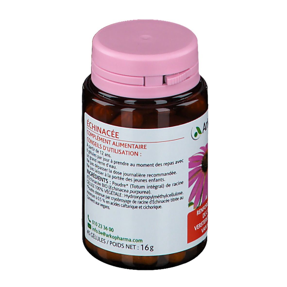 Flacon brun avec bouchon rose. Étiquette avec logo Arkopharma, fleur d'échinacée et texte. 45 gélules.