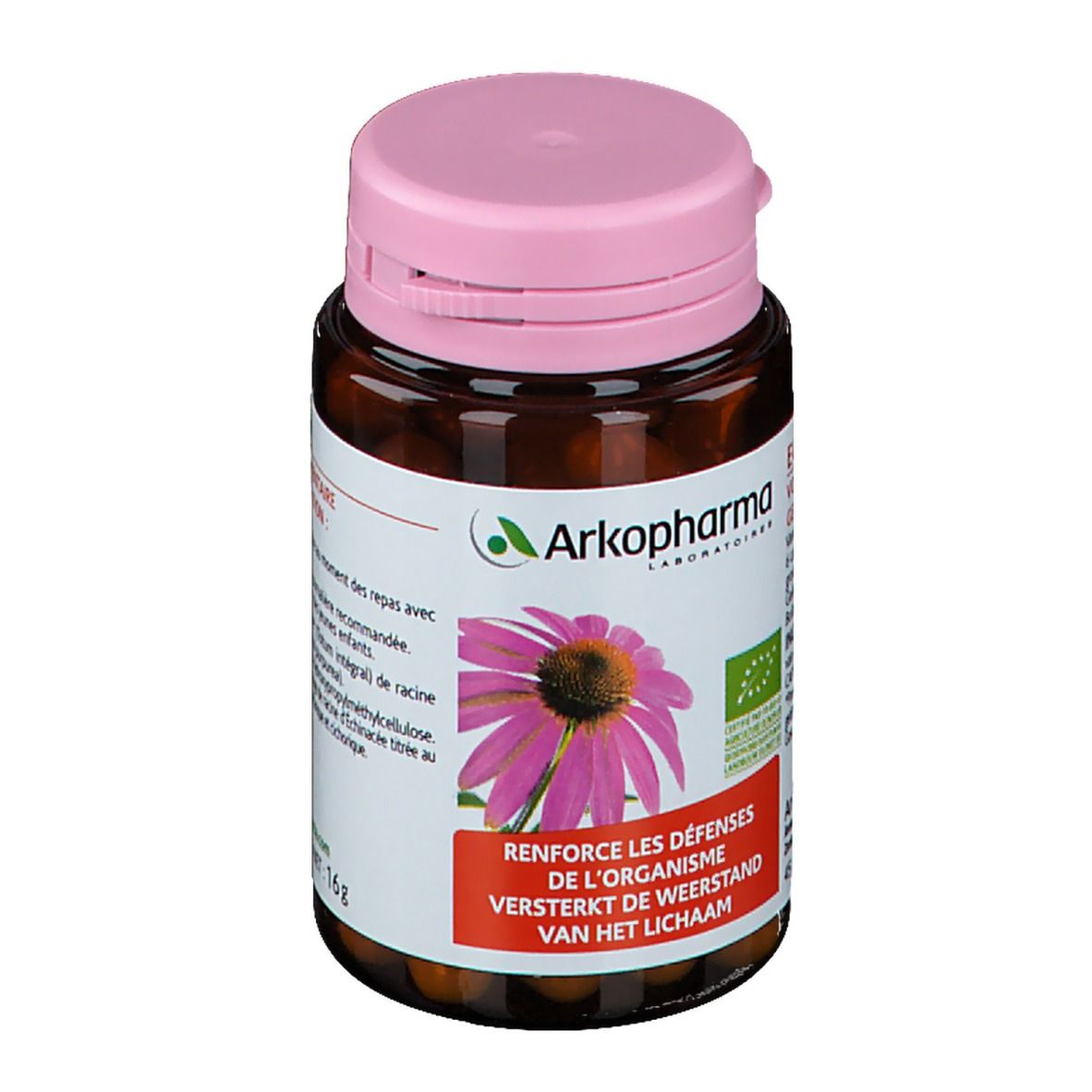 Flacon brun avec bouchon rose. Étiquette avec logo Arkopharma, fleur d'échinacée et texte. 45 gélules.