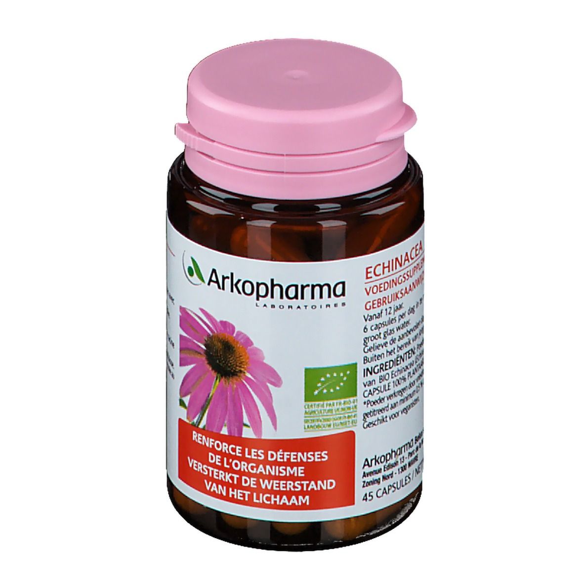 Flacon brun avec bouchon rose. Étiquette avec logo Arkopharma, fleur d'échinacée et texte. 45 gélules.