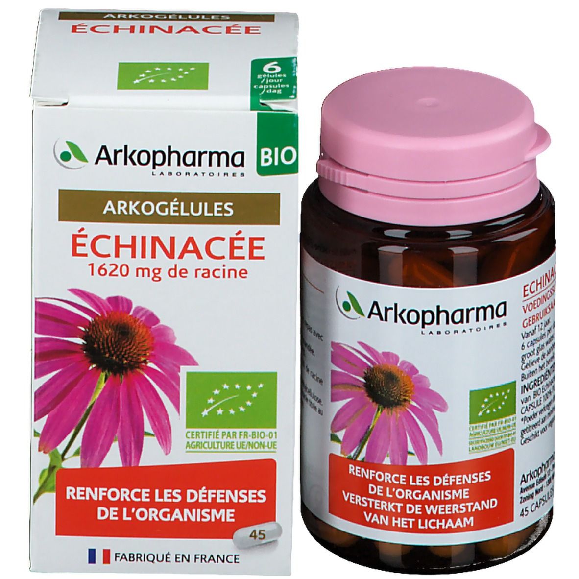 Emballage produit avec flacon et boîte. Sur la boîte : logo Arkopharma, fleur d'échinacée, texte. 45 gélules.
