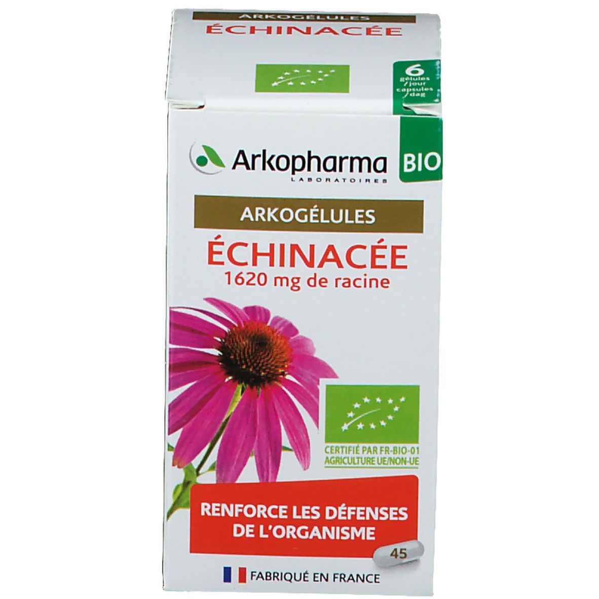 Emballage produit avec boîte. Sur la boîte : logo Arkopharma, fleur d'échinacée, texte. 45 gélules.