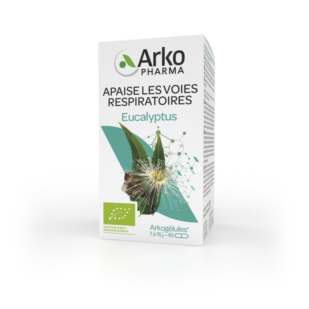 Emballage blanc avec inscription: Apaise les voies respiratoires Eukalyptus. Logo: Arkopharma. Certification: AB-BIO.