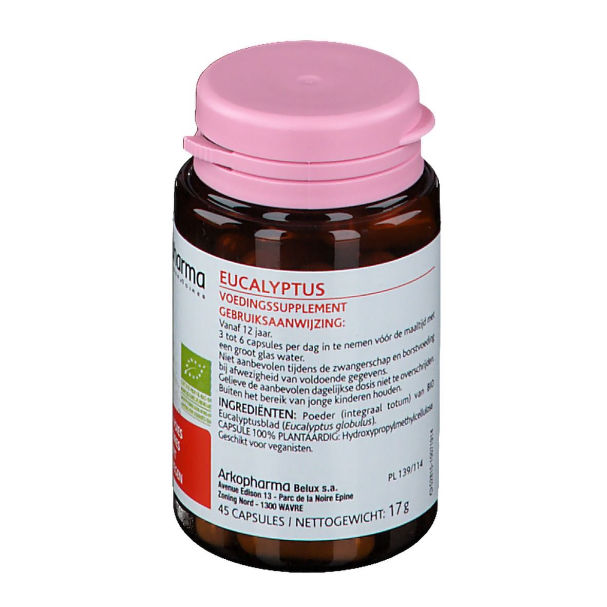 Flacon brun, bouchon rose. Inscription: Eukalyptus, complément alimentaire. Étiquette avec ingrédients et conseils d'utilisation.