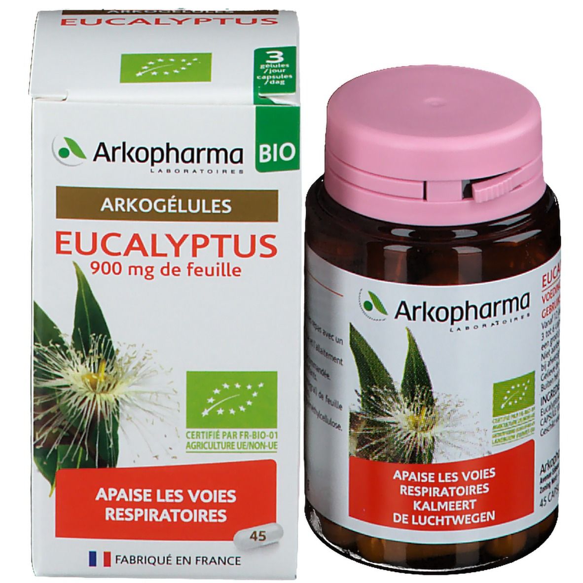 Emballage produit avec flacon et boîte. Boîte avec inscription: Arkogélules Eukalyptus. Flacon bouchon rose et étiquette rouge.