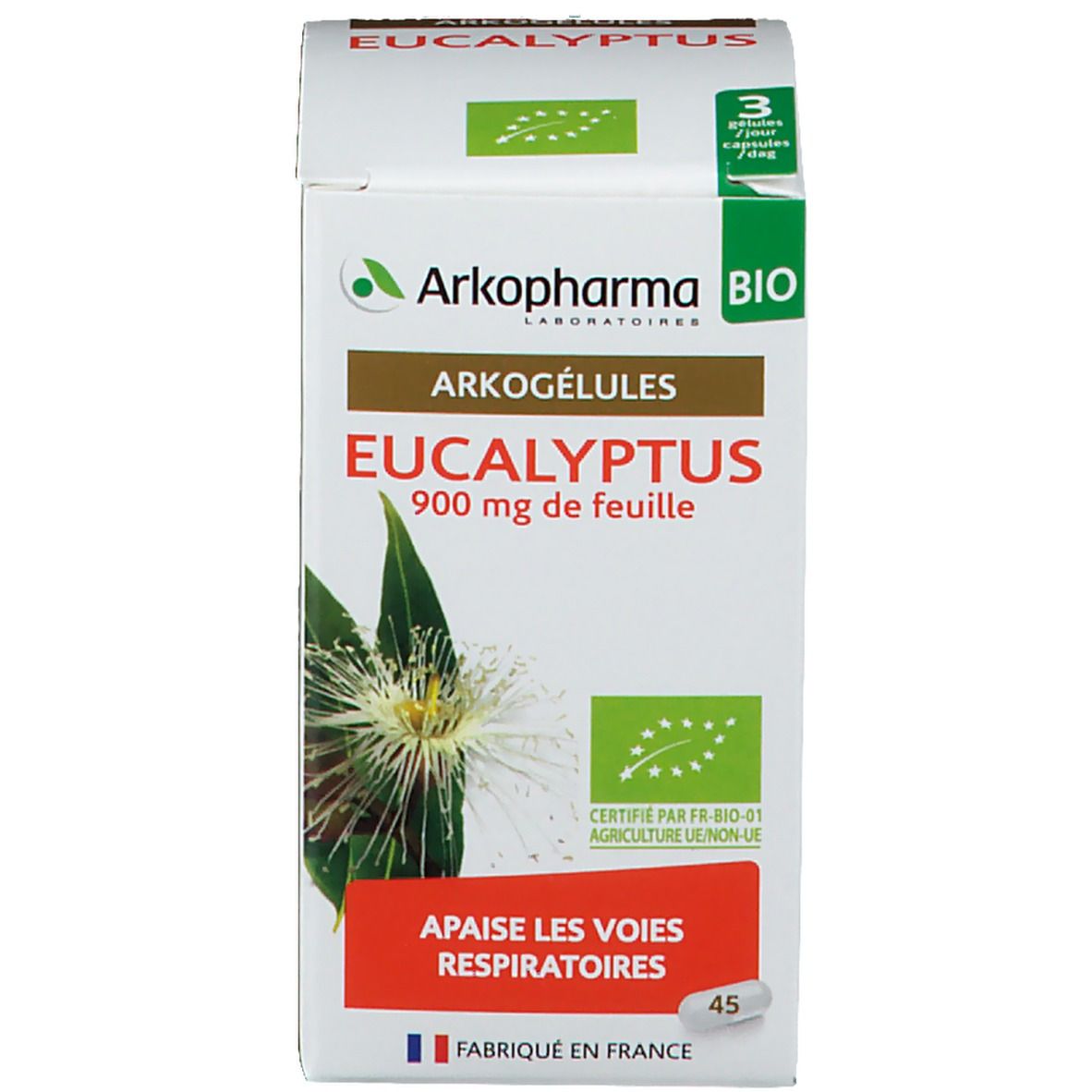 Boîte blanche avec inscription: Arkogélules Eukalyptus. Logo: Arkopharma Bio. Certification: AB-BIO. Texte: 'Apaise les voies respiratoires'.