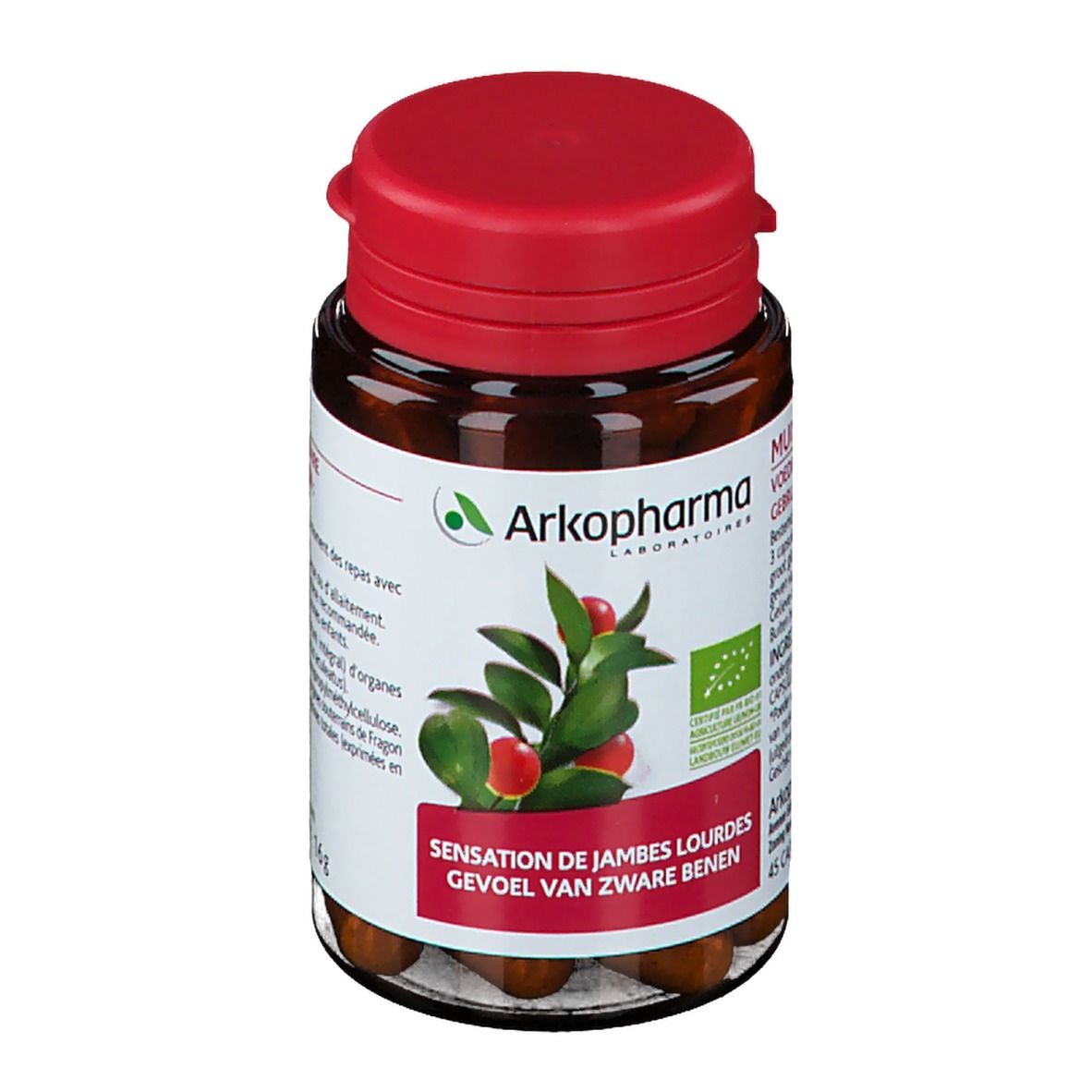 Bruine glazen fles met rode dop. Bevat capsules. Etiket met logo, plant en tekst.