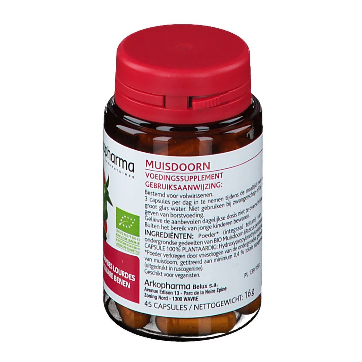Bruine glazen fles met rode dop. Bevat capsules. Etiket met logo, plant en tekst.