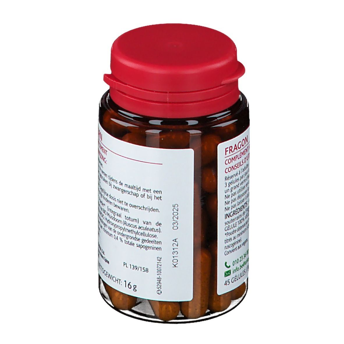 Bruine glazen fles met rode dop. Bevat capsules. Etiket met logo, plant en tekst.