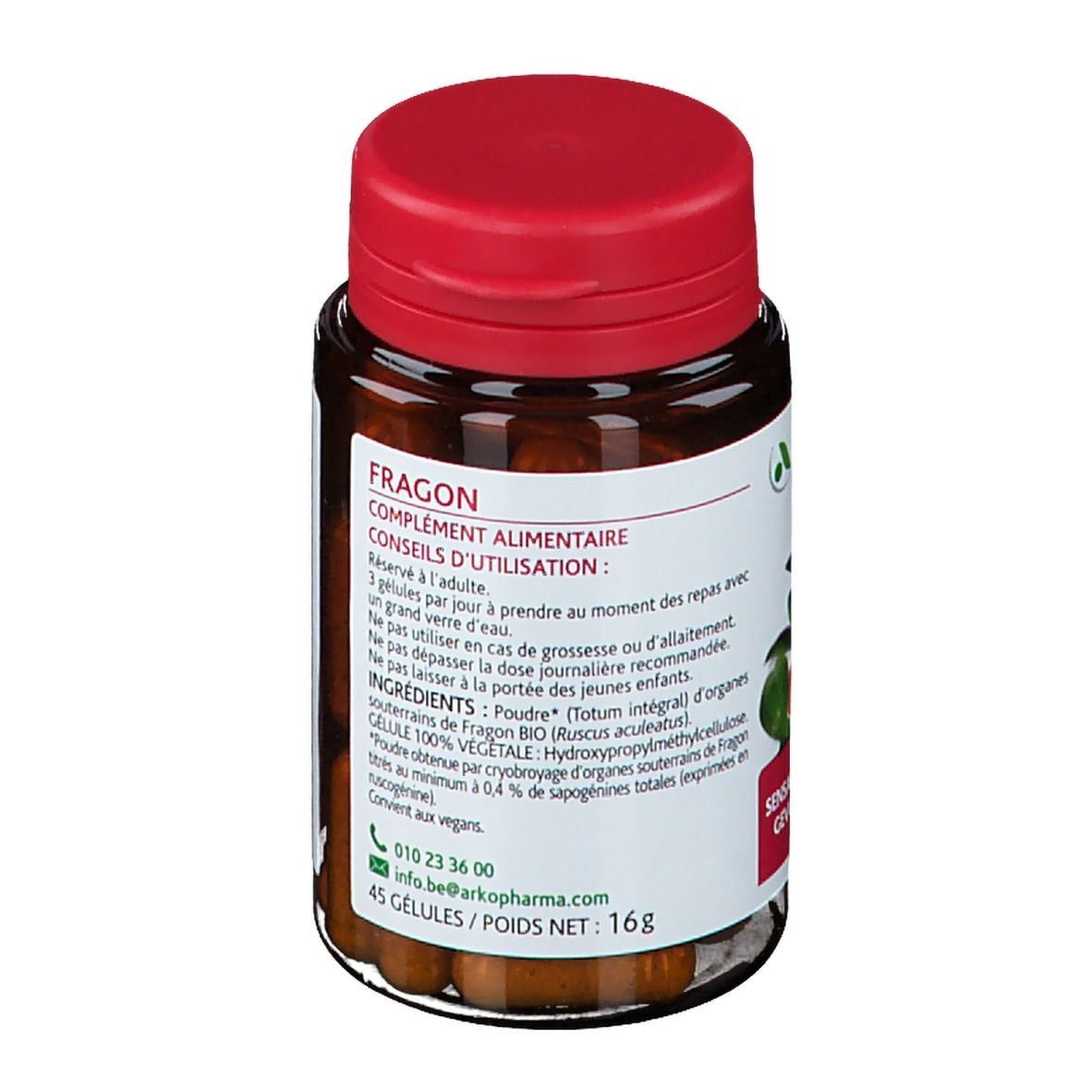 Bruine glazen fles met rode dop. Bevat capsules. Etiket met logo, plant en tekst.