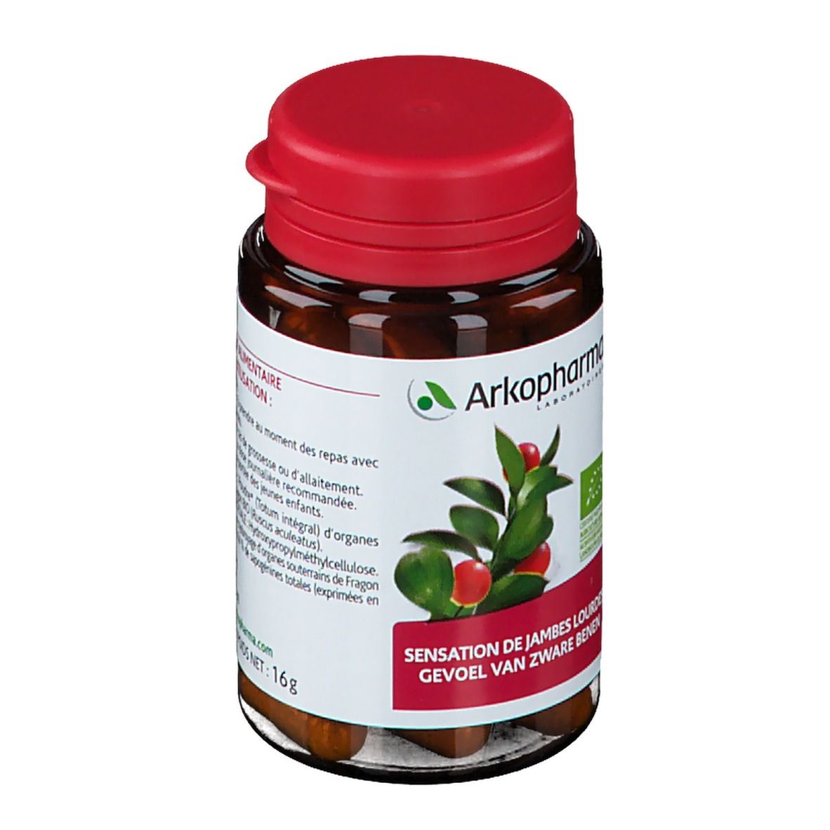 Bruine glazen fles met rode dop. Bevat capsules. Etiket met logo, plant en tekst.
