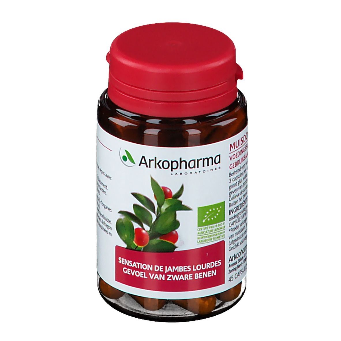 Bruine glazen fles met rode dop. Bevat capsules. Etiket met logo, plant en tekst.