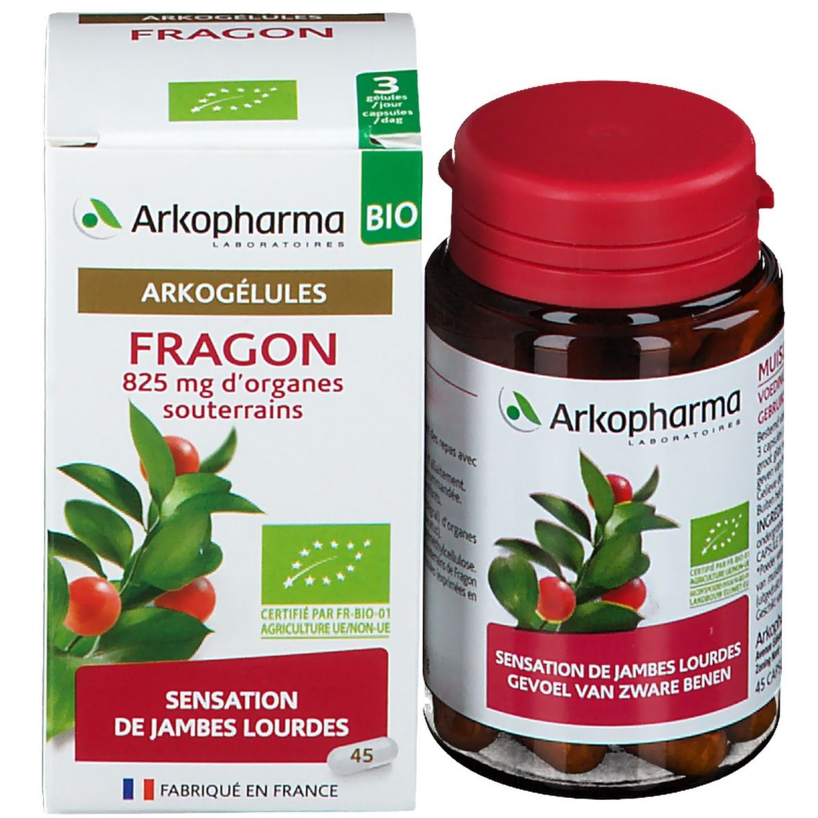 Verpakking en fles met capsules. Op de verpakking: logo, productnaam, plantillustratie, tekst.