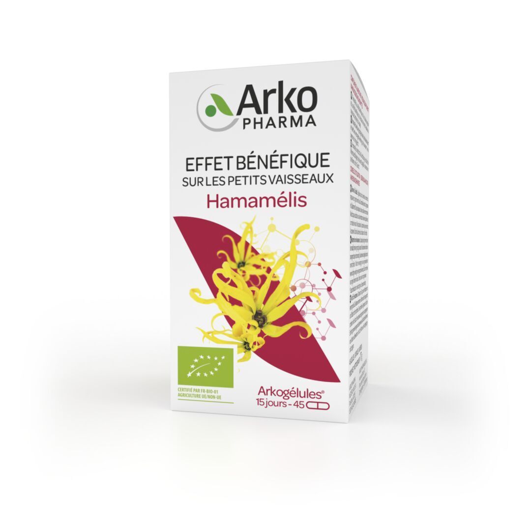 Emballage Arkocaps Hamamélis. Certification bio. 45 gélules. Fond blanc.