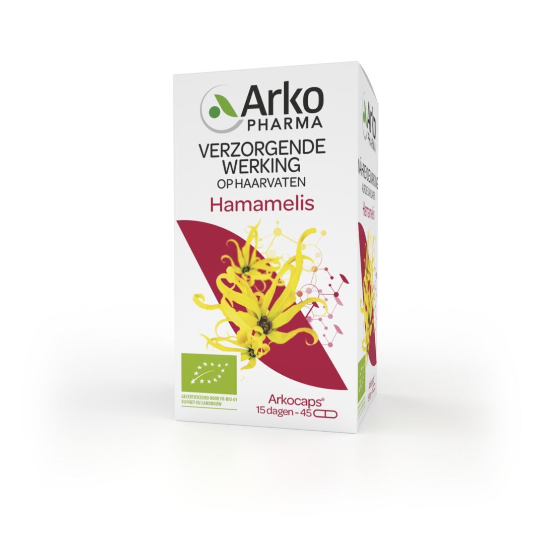 Verpakking met Arkocaps Hamamelis. Bio-certificering. 45 capsules. Witte achtergrond.