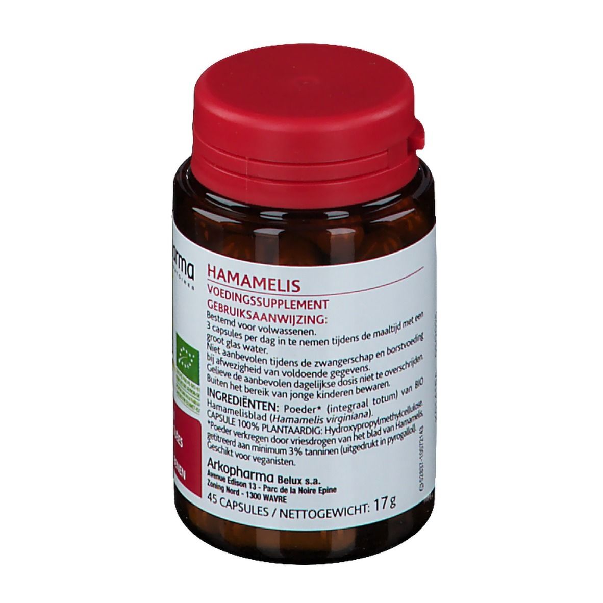Bruine glazen fles met rode dop. Productlabel met hamamelisinfo en bio-certificering. 45 capsules.