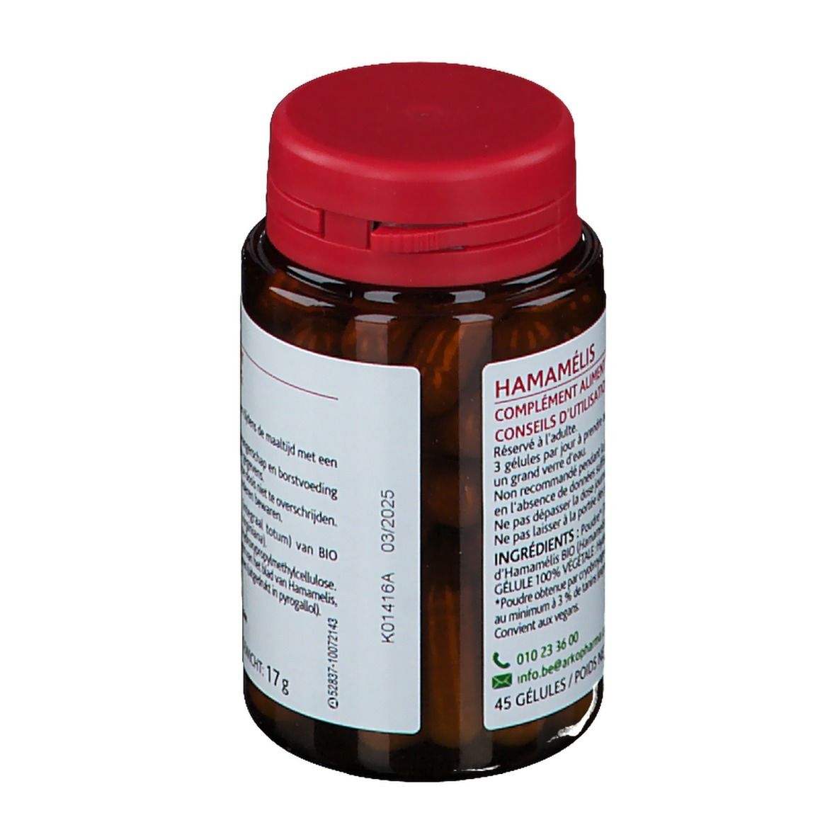 Bruine glazen fles met rode dop. Productlabel met hamamelisinfo en bio-certificering. 45 capsules.