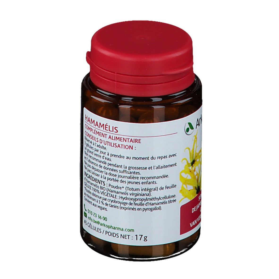 Bruine glazen fles met rode dop. Productlabel met hamamelisinfo en bio-certificering. 45 capsules.