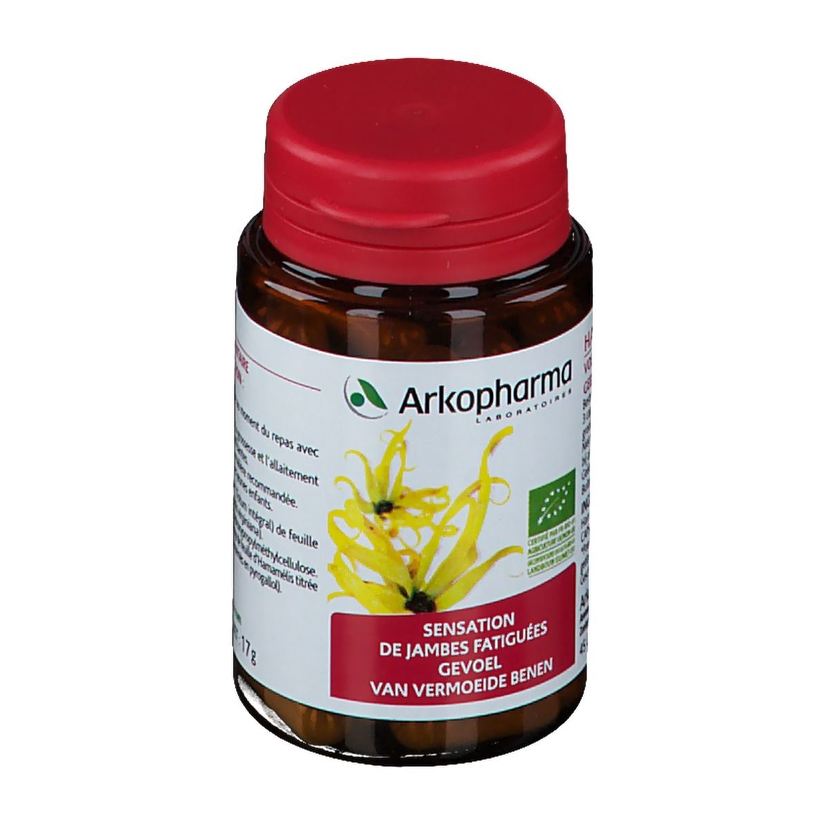 Bruine glazen fles met rode dop. Productlabel met hamamelisinfo en bio-certificering. 45 capsules.