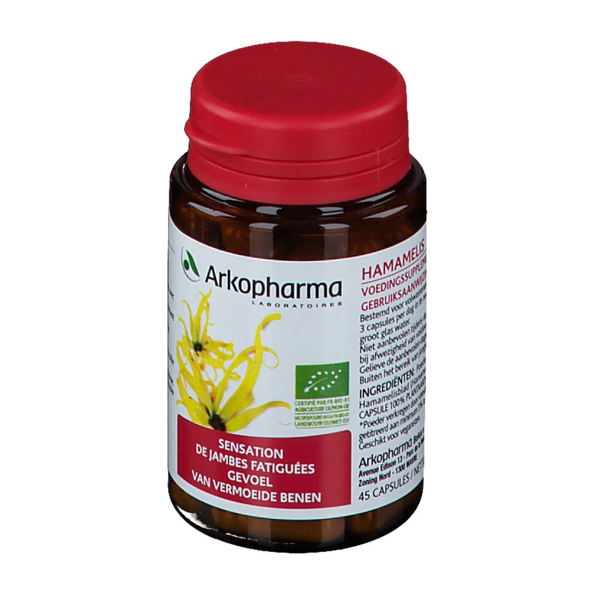 Bruine glazen fles met rode dop. Productlabel met hamamelisinfo en bio-certificering. 45 capsules.