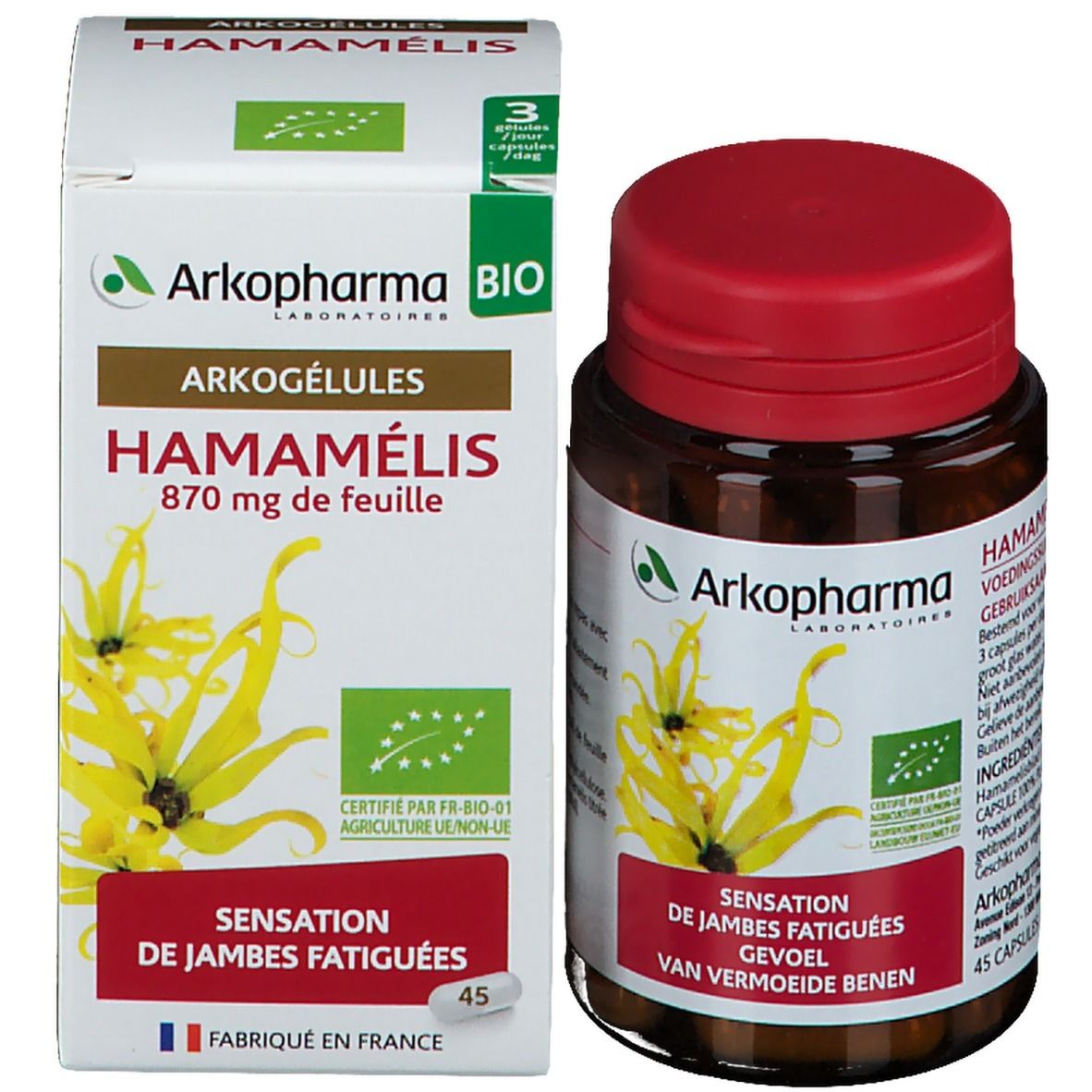 Productverpakking en fles. Doos met Arkogélules Hamamélis, 870 mg. Fles met rode dop en etiket.