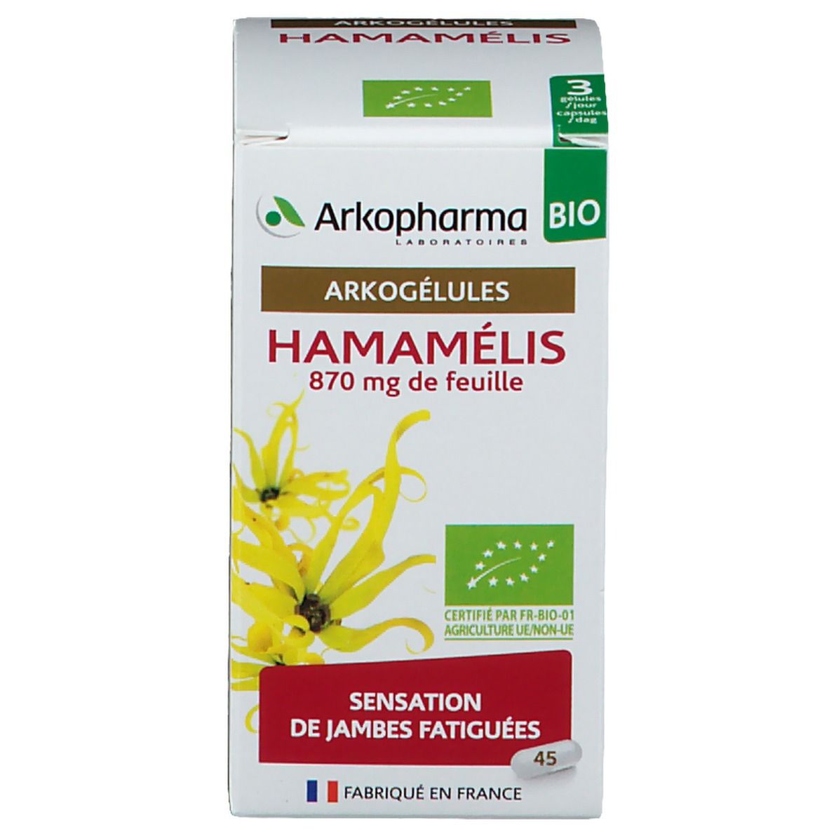Productverpakking. Doos met Arkogélules Hamamélis, 870 mg. Bio-certificering. Gemaakt in Frankrijk.