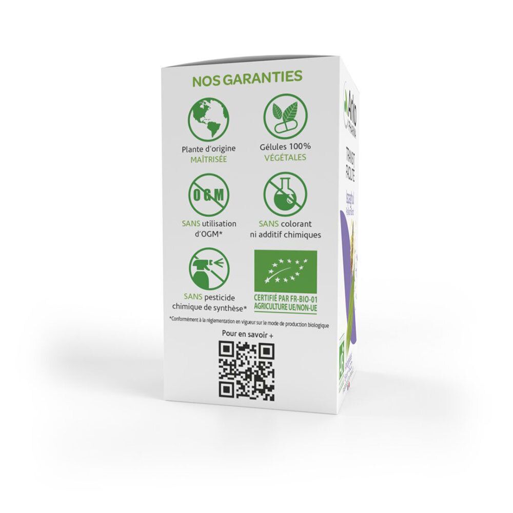 Witte verpakking met logo's en tekst. Certificeringen en informatie over de ingrediënten.