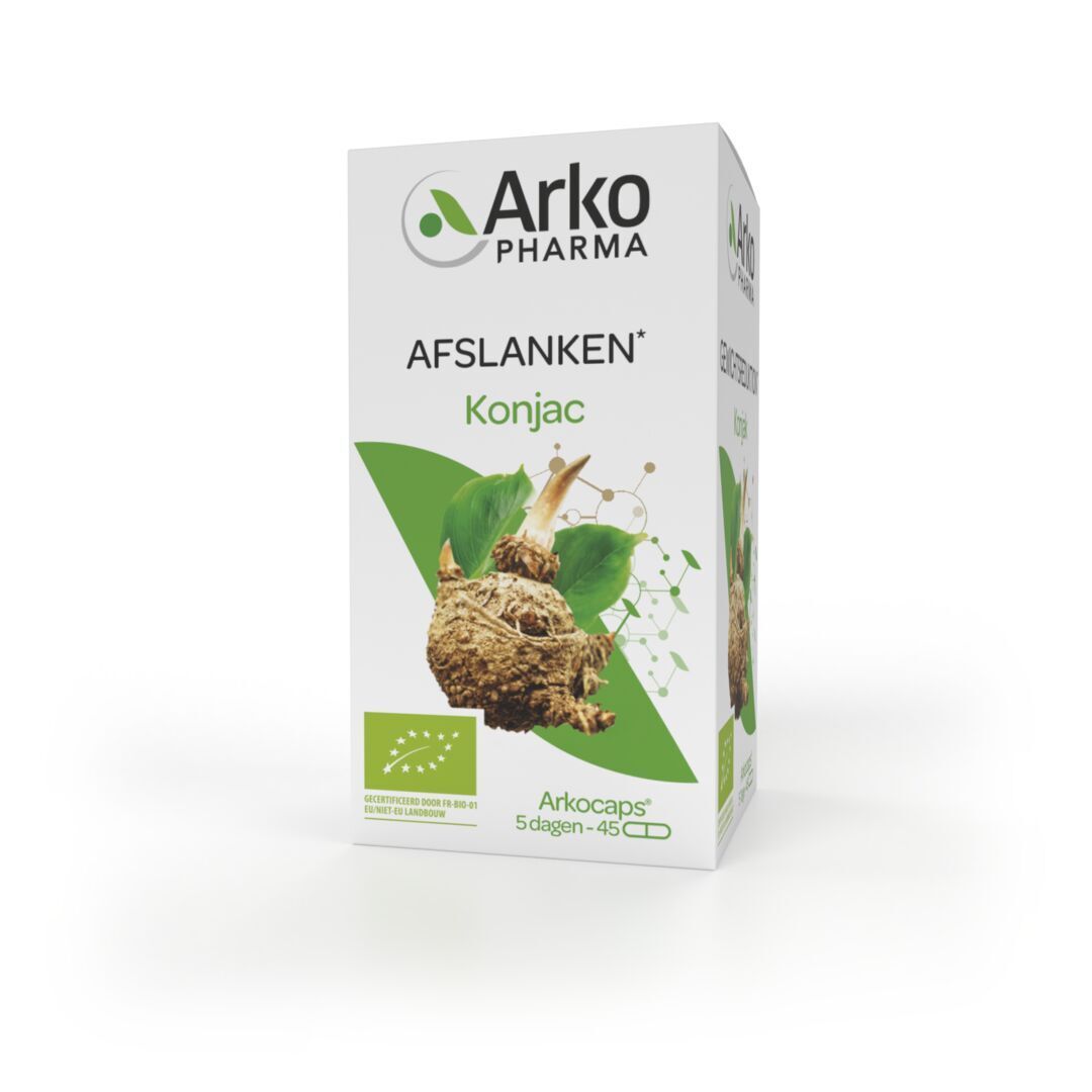 Eine Schachtel mit Kapseln. Auf der Schachtel steht Afslanken Konjac und Arkocaps.