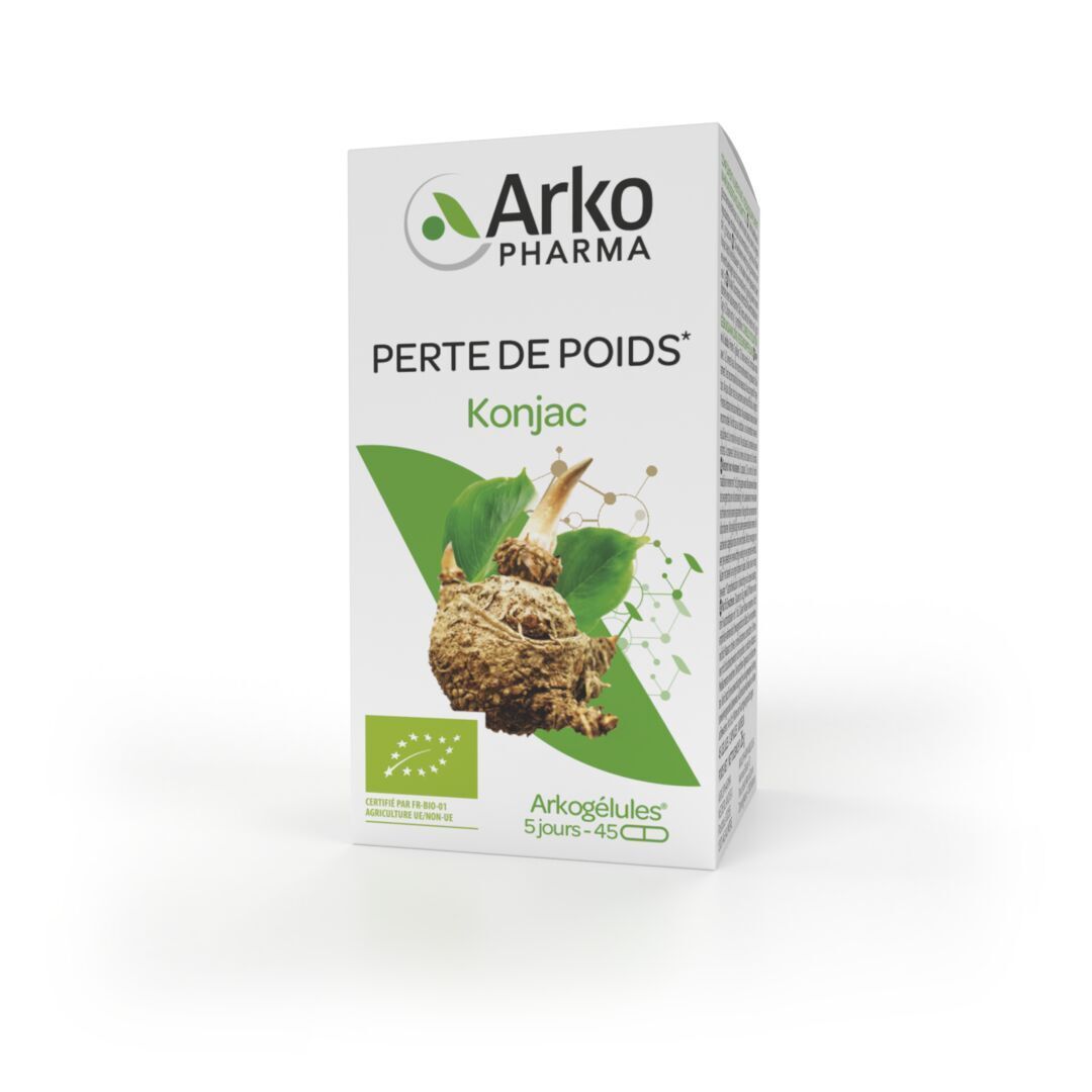 Boîte de gélules. Sur la boîte, Perte de Poids Konjac et Arkocaps sont visibles.